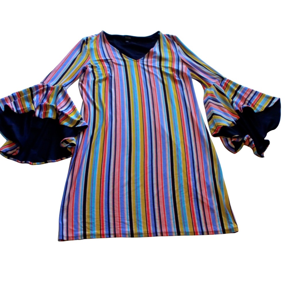 MSK Womens Multi Color Striped‎ V-Neck Mini Dress Tiered Bell Sleeve Size M